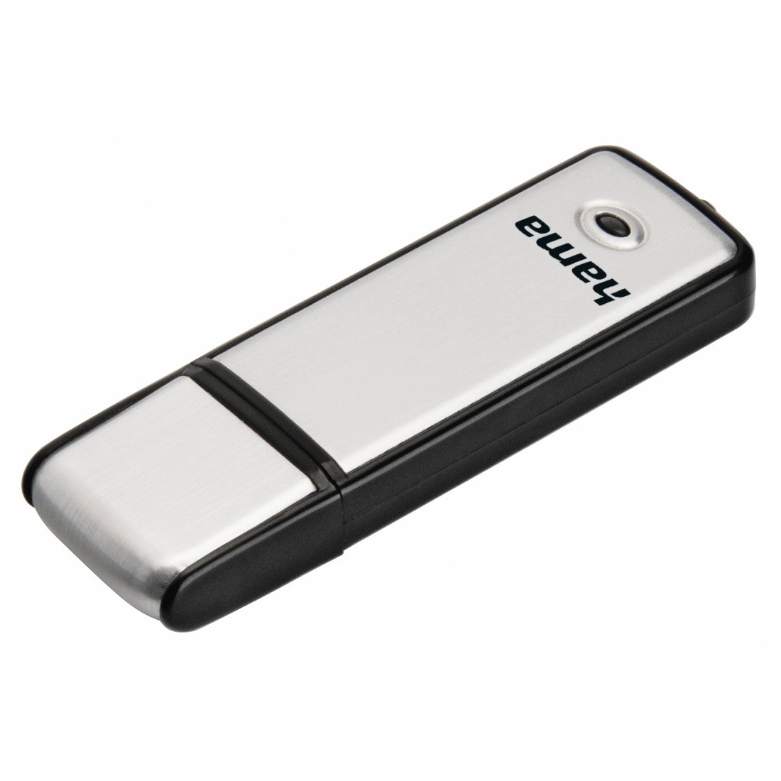 A Hama Fancy 64GB USB 2.0 memory pen with a brushed aluminium body and cap, available in black and silver colors, with an attached keyring.