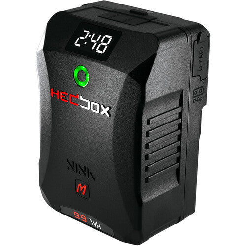 Black battery pack with digital display and branding on a white background
