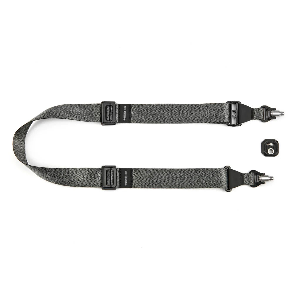 Gray tactical sling with black hardware on a white background