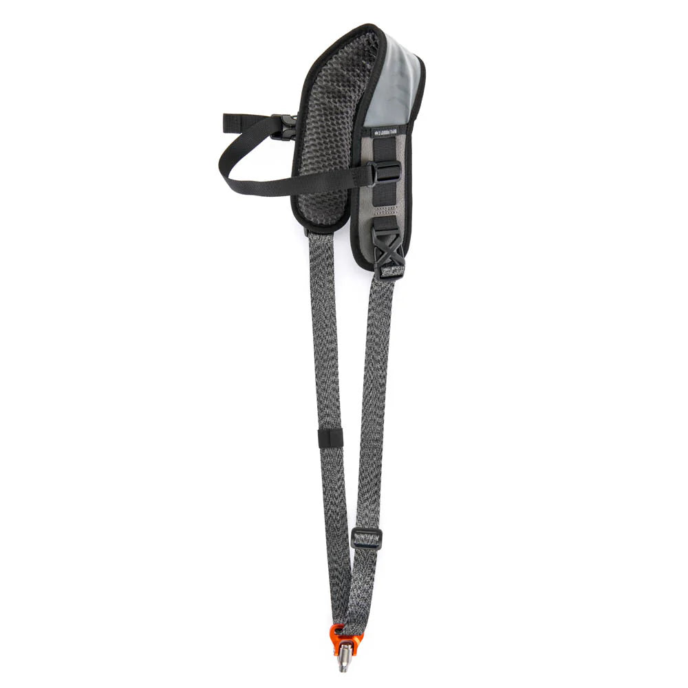Gray and black strap with a clip on a white background