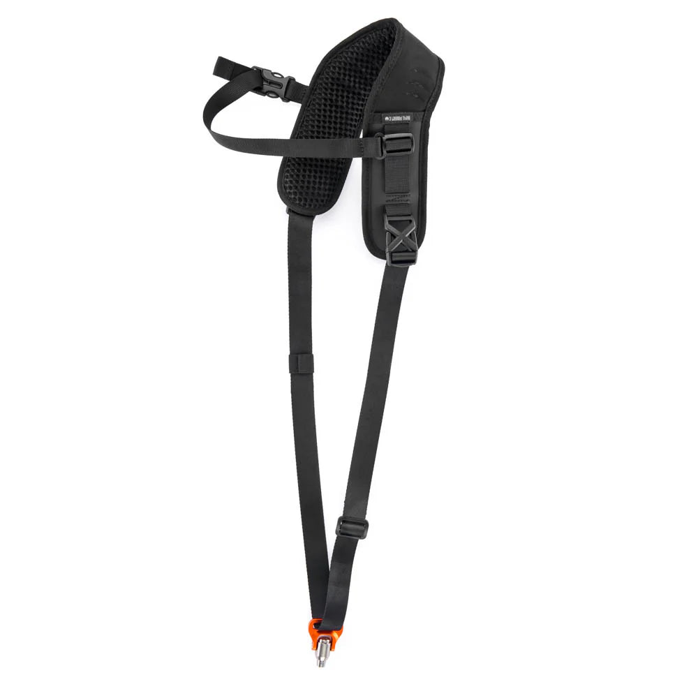 Black shoulder strap with adjustable buckle on a white background