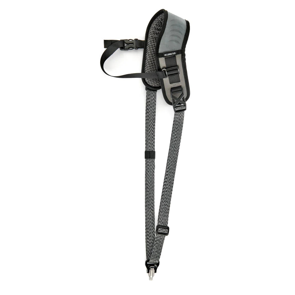 Gray and black camera strap on a white background