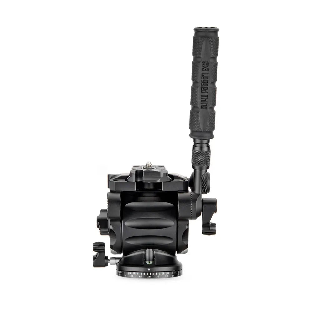 Black camera tripod head on a white background