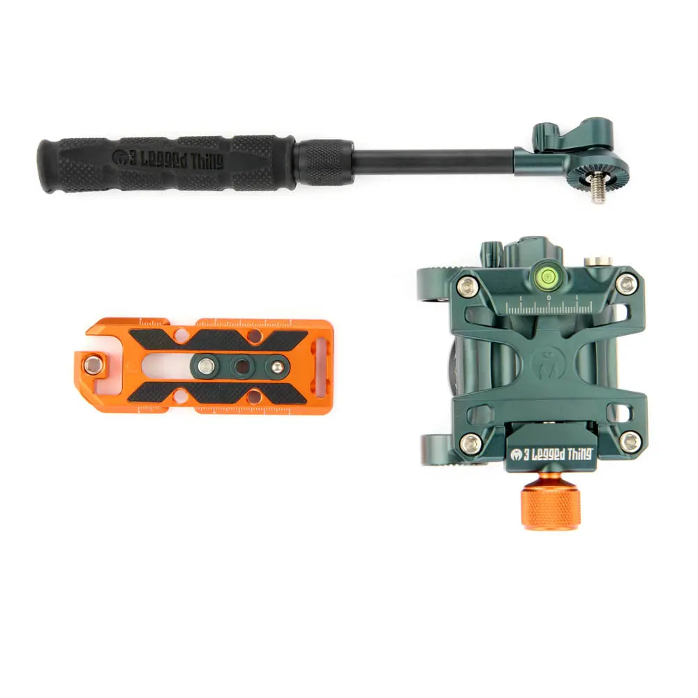 Camera stabilizer with orange and green components on a white background