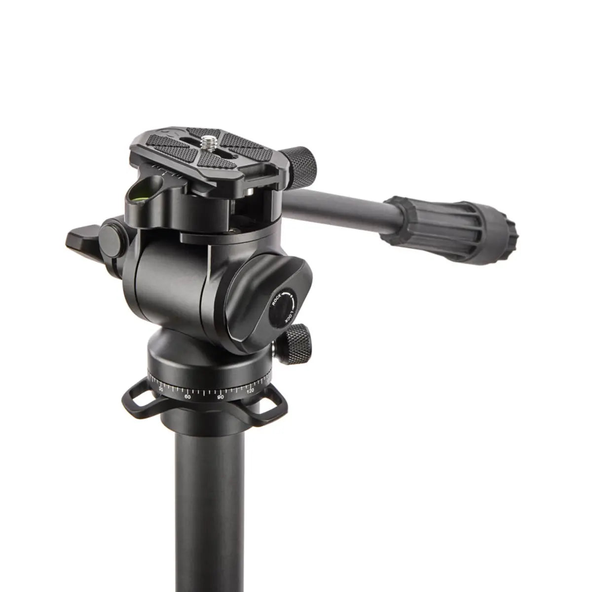 Black camera tripod head on a white background