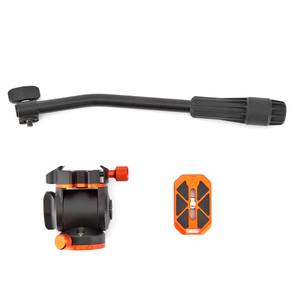 Camera accessories including a tripod head, foot pod, and remote control on a white background