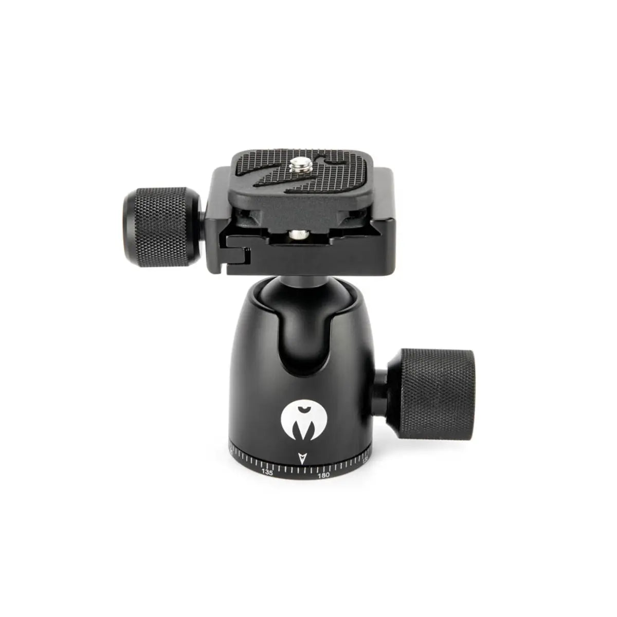 Black camera tripod head with brand logo on a white background