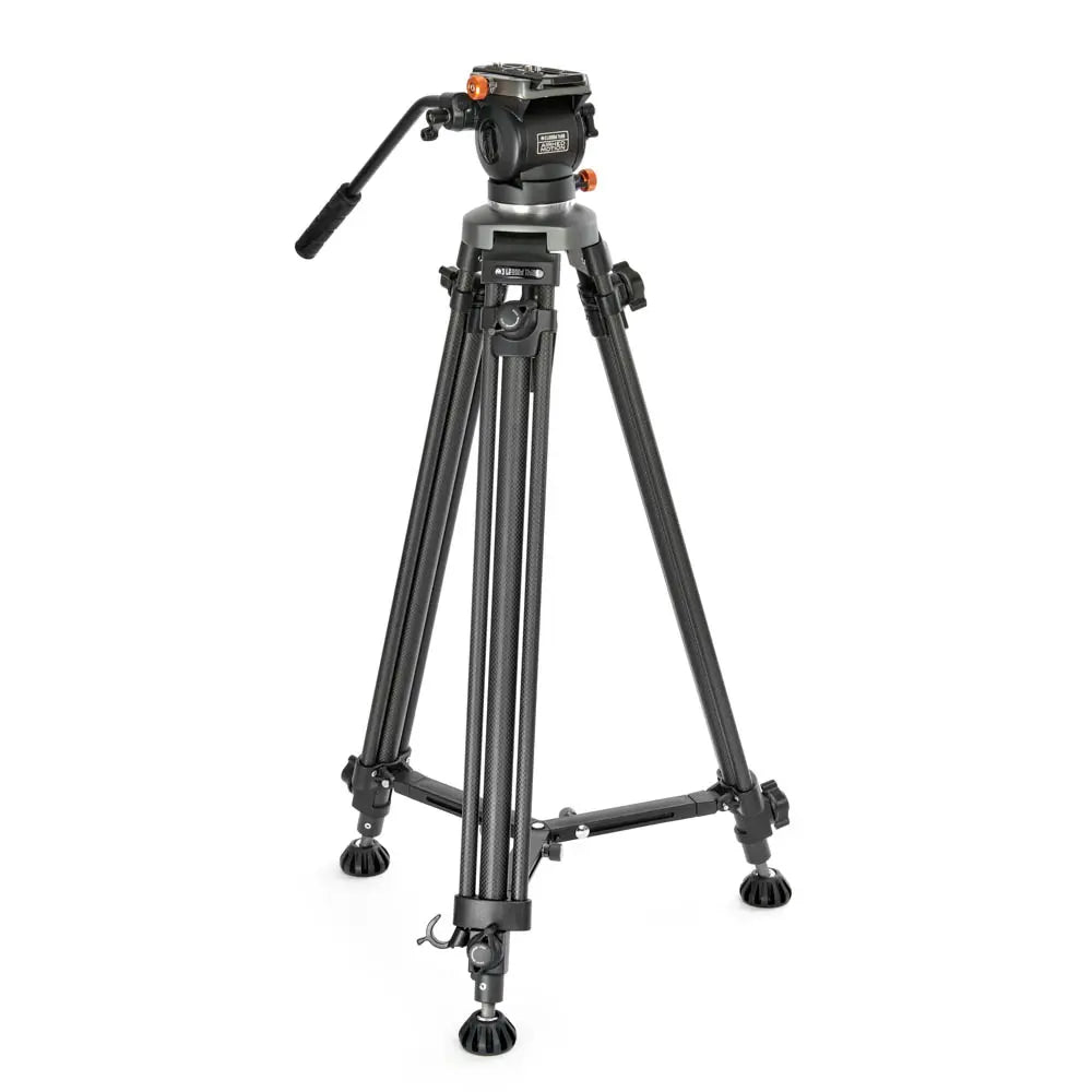 Camera tripod with head on a white background