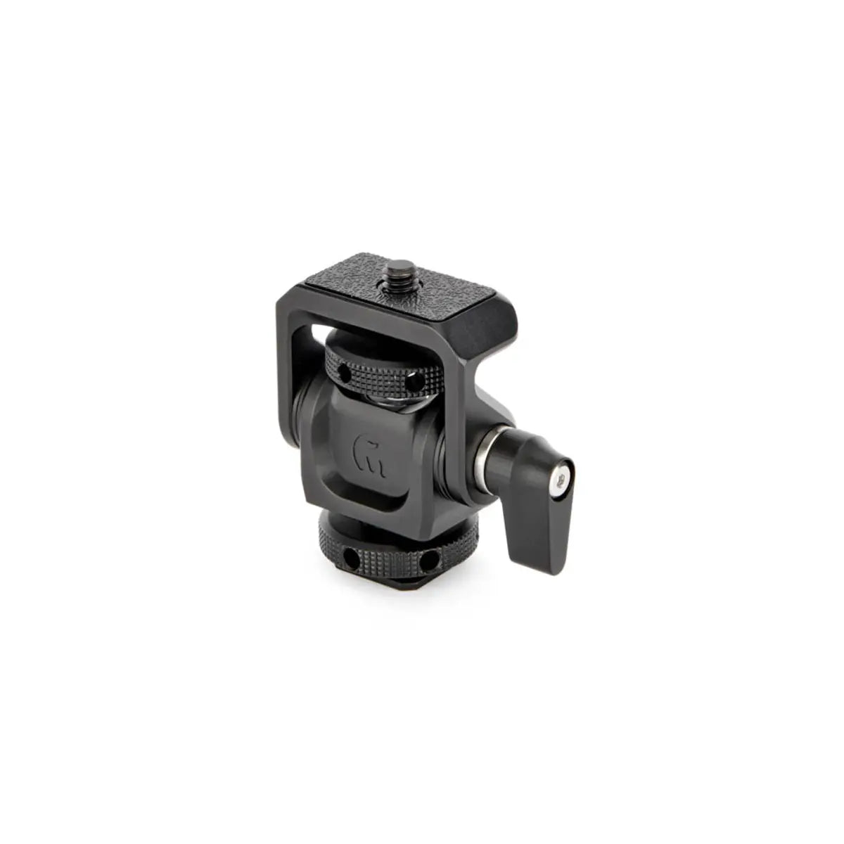 Black camera tripod head on a white background