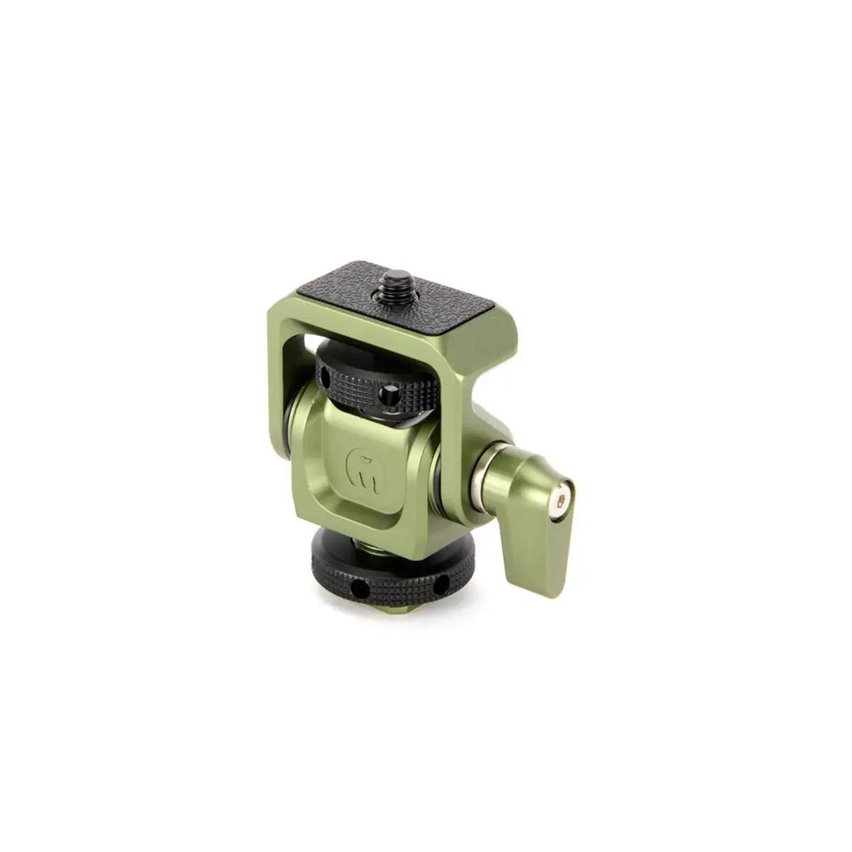 Green metal camera mount on a white background