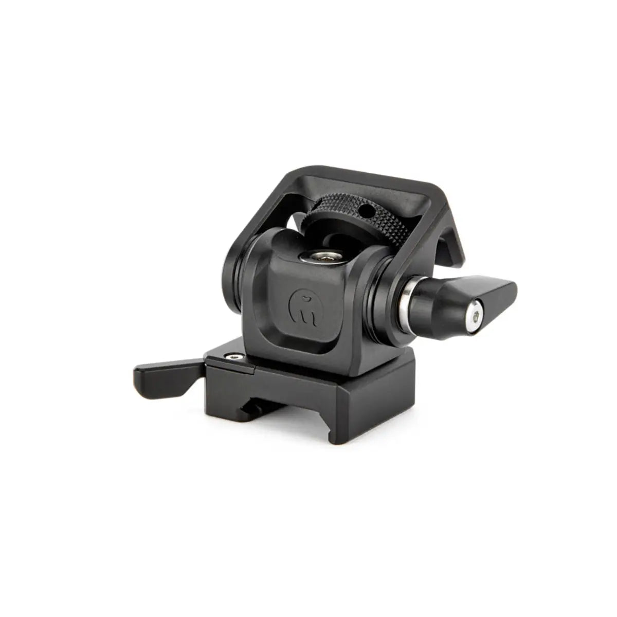 Black camera mount on a white background