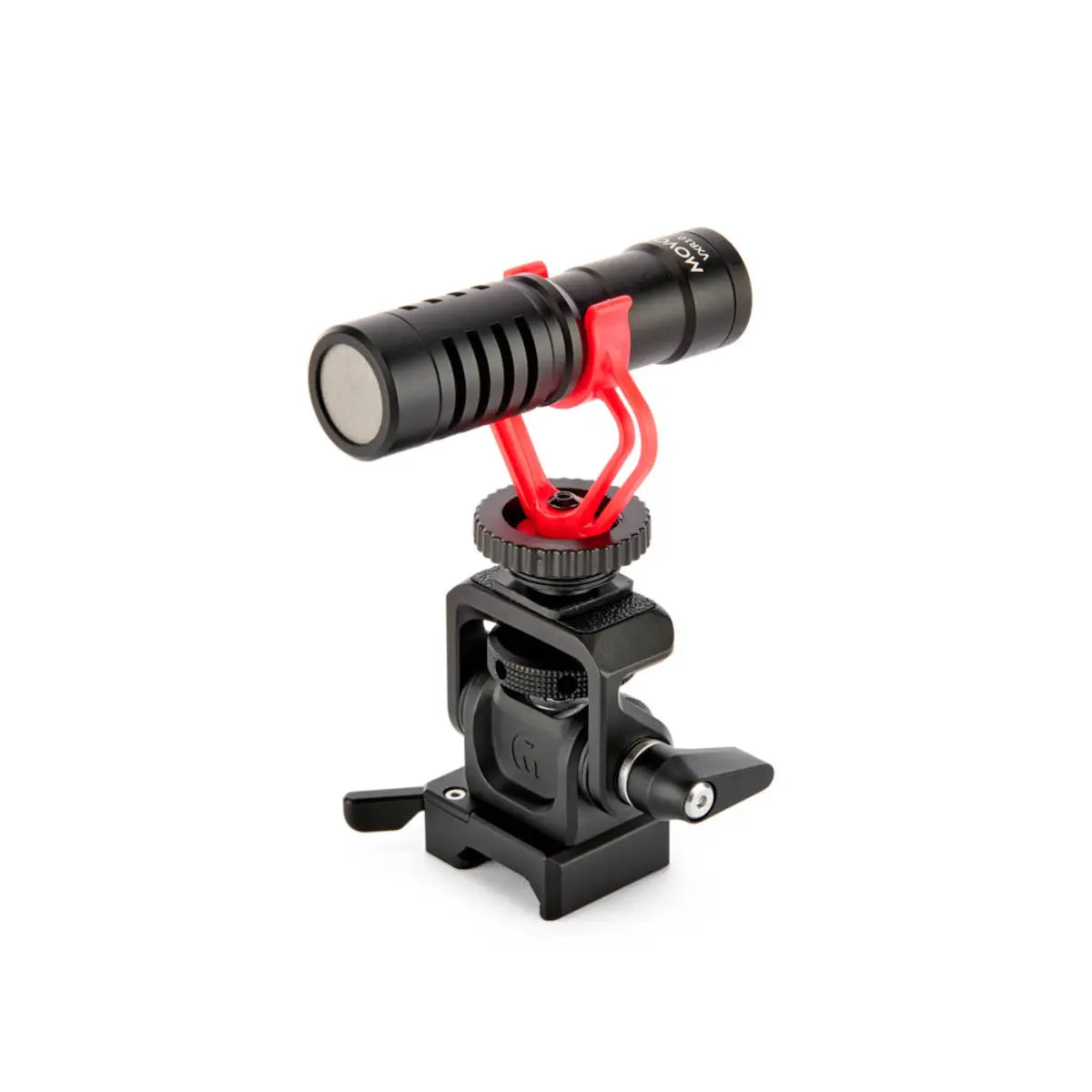 Camera microphone with red accents on a white background