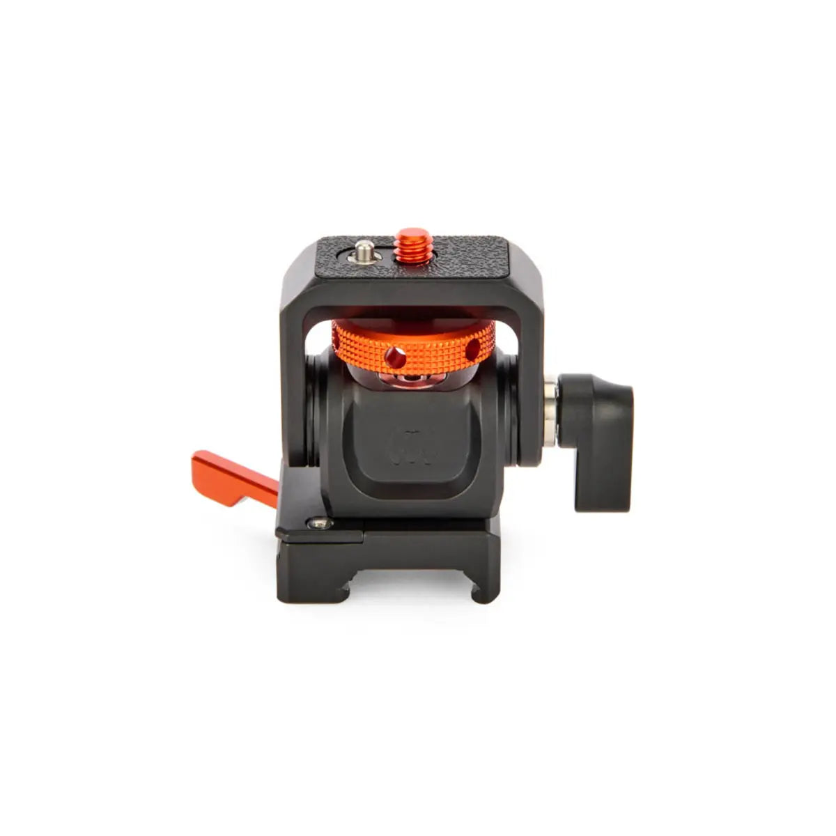 Camera lens support with orange accents on a white background