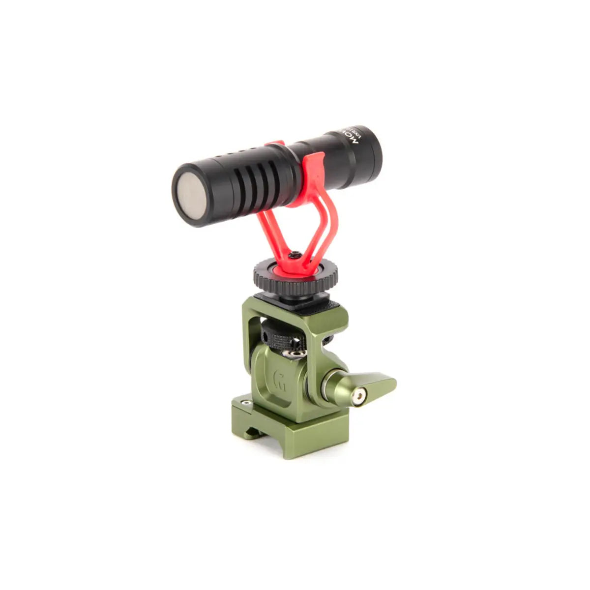 Camera microphone with green mount on a white background