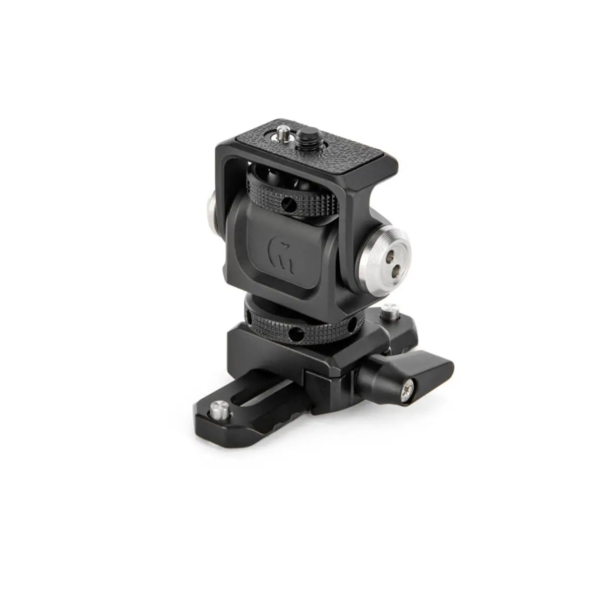 Black camera mount on a white background