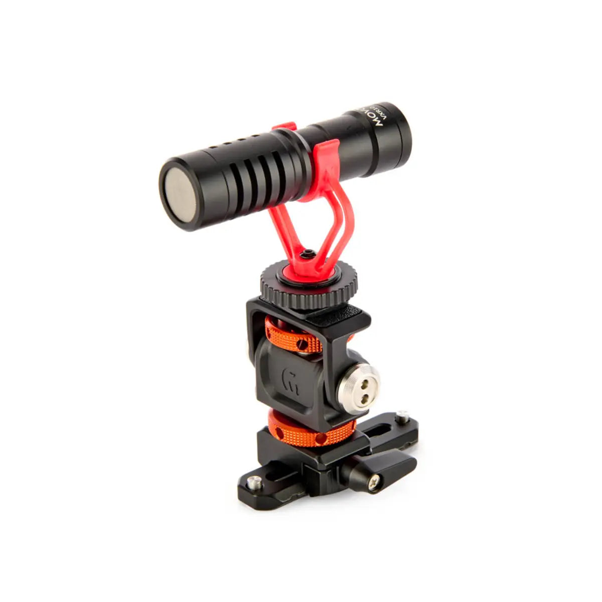 Microphone with red and black stand on a white background