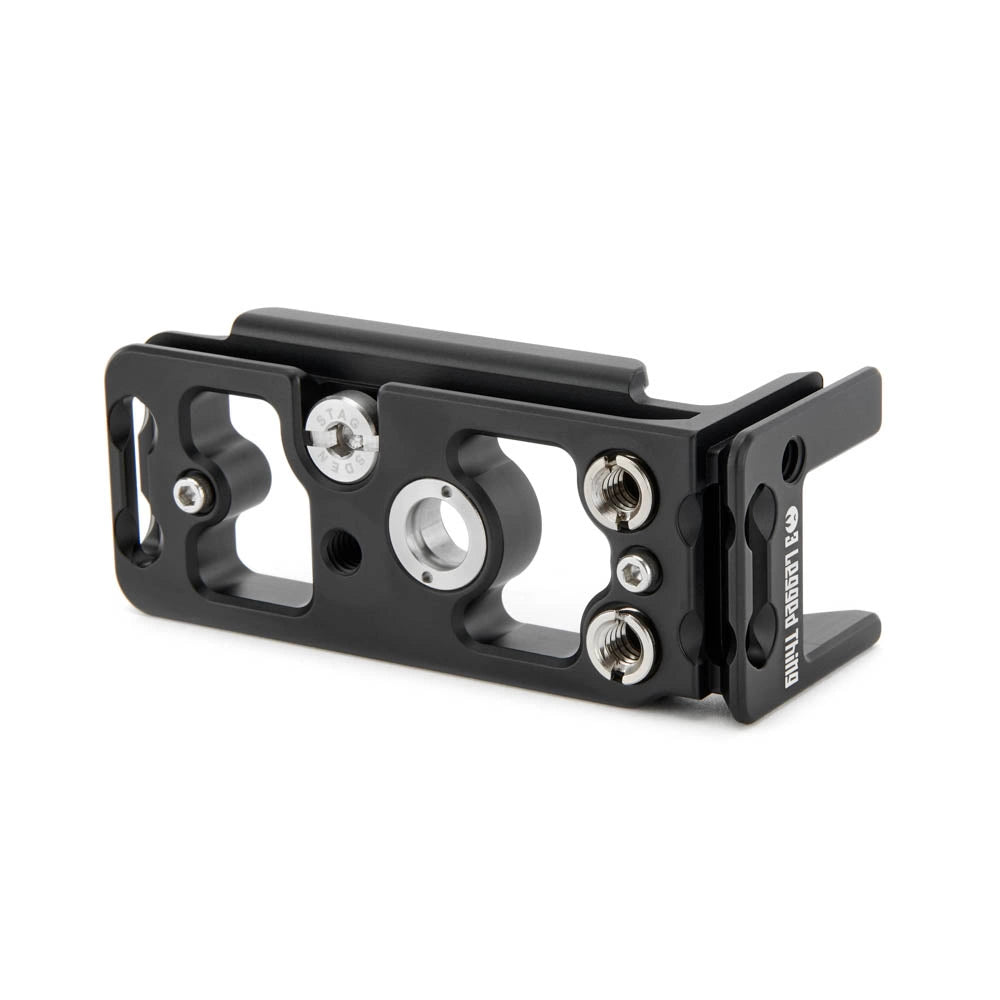 Black metal camera accessory on a white background