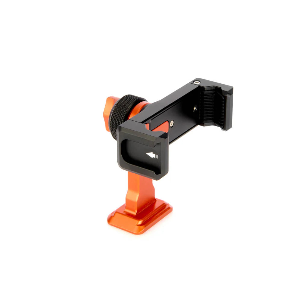 An orange and black phone mount holding, shown from a side angle against a clean white background.