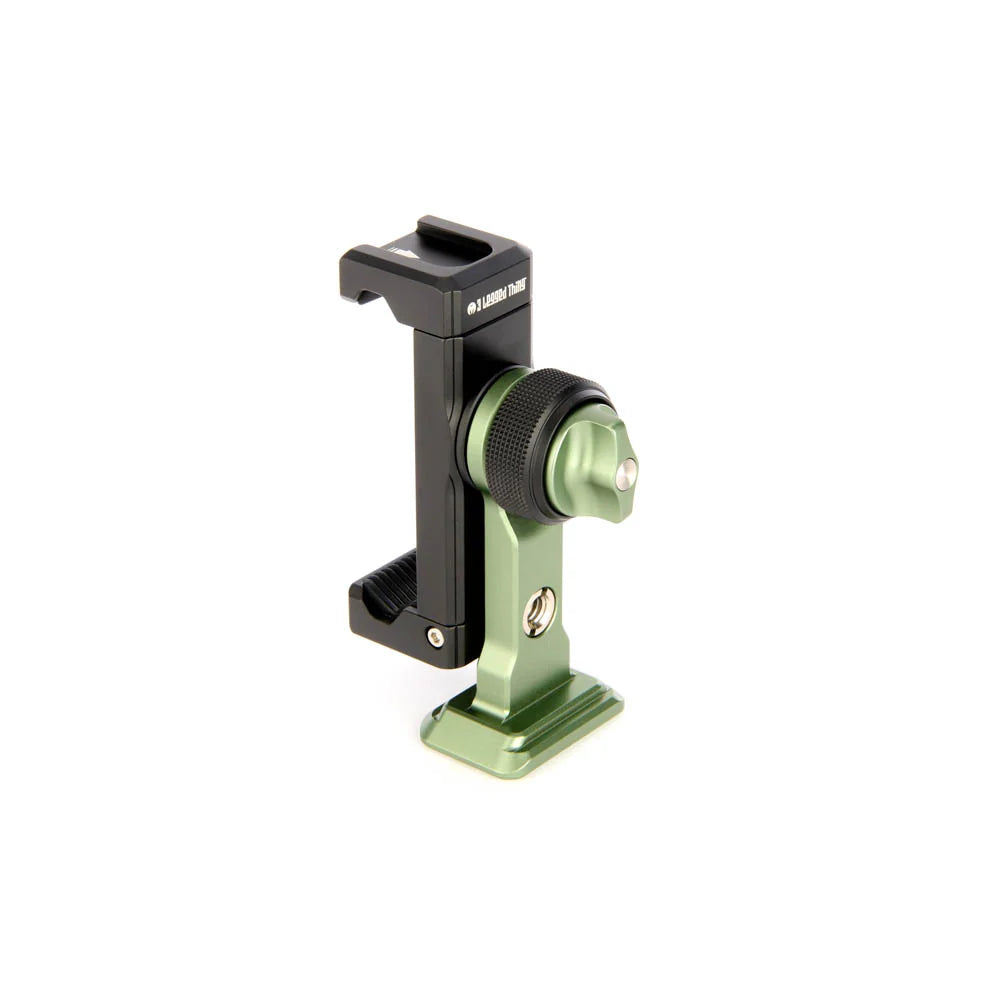 A green and black phone mounting bracket, shown from a back angle on a clean white background.