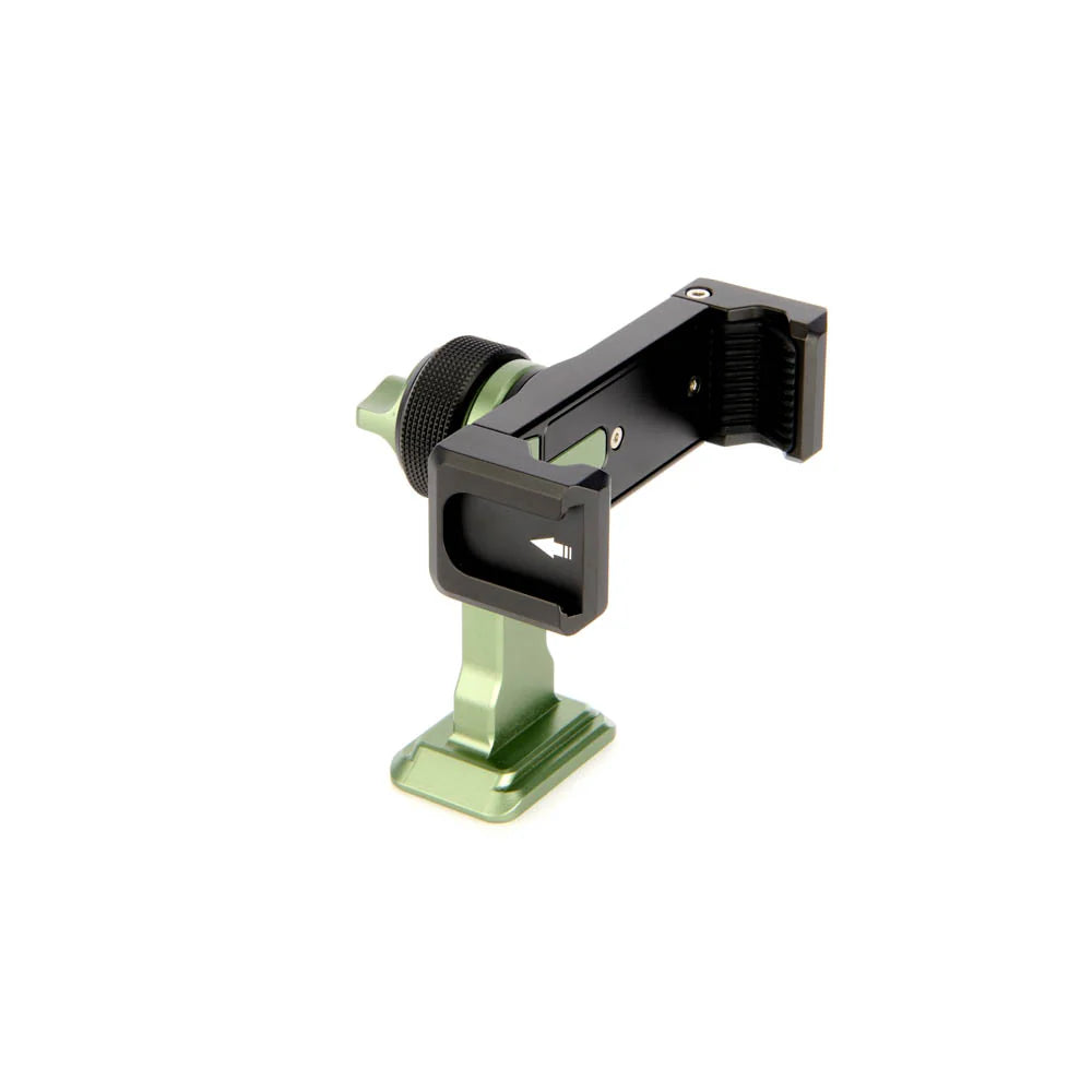 A green and black phone mounting bracket, shown from a side angle on a clean white background.