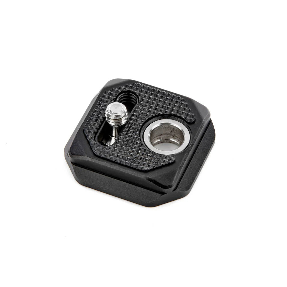 Black camera tripod plate accessory with metal screws on a white background