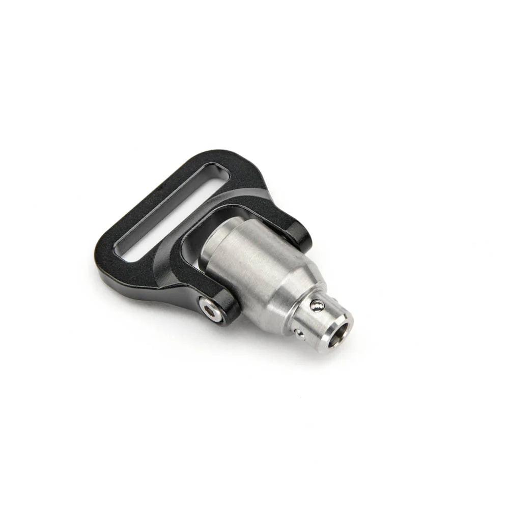 Camera strap quick detach swivel with black metallic finish on a white background