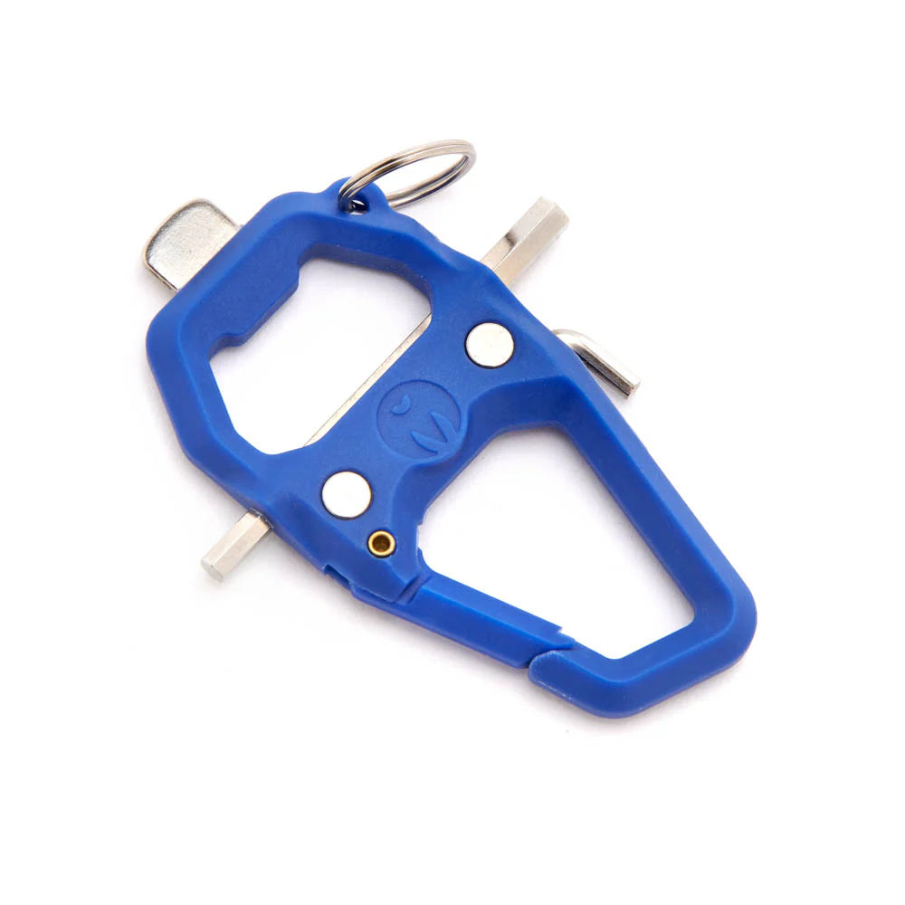 A blue carabiner-style multi-tool keychain with silver metal tools and a key ring, shown on a plain white background.