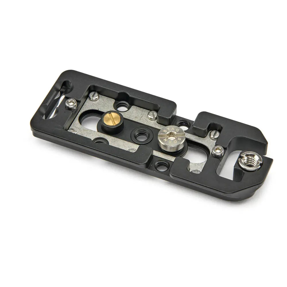 Metal camera plate with screws on a white background