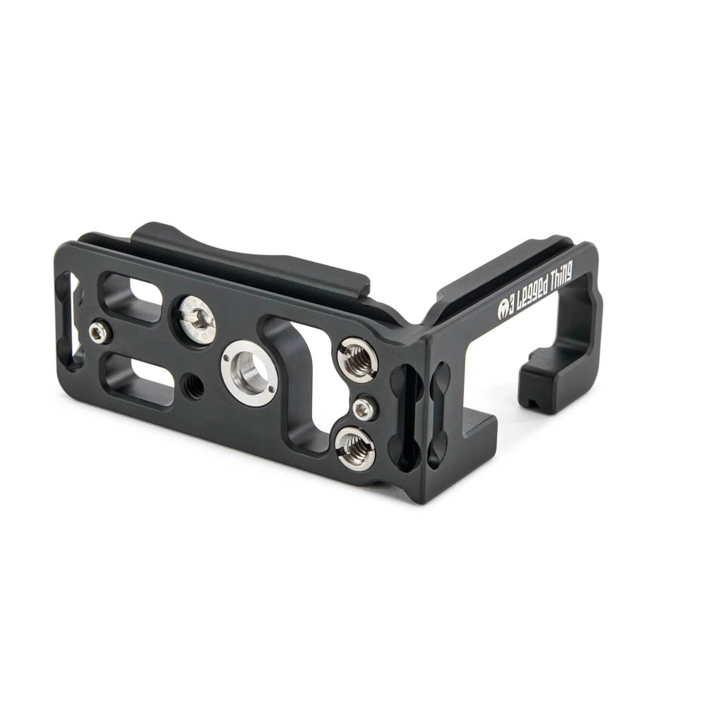 A black metal camera mounting bracket with silver screws and white '3 Legged Thing' branding on the side, shown on a plain white background.