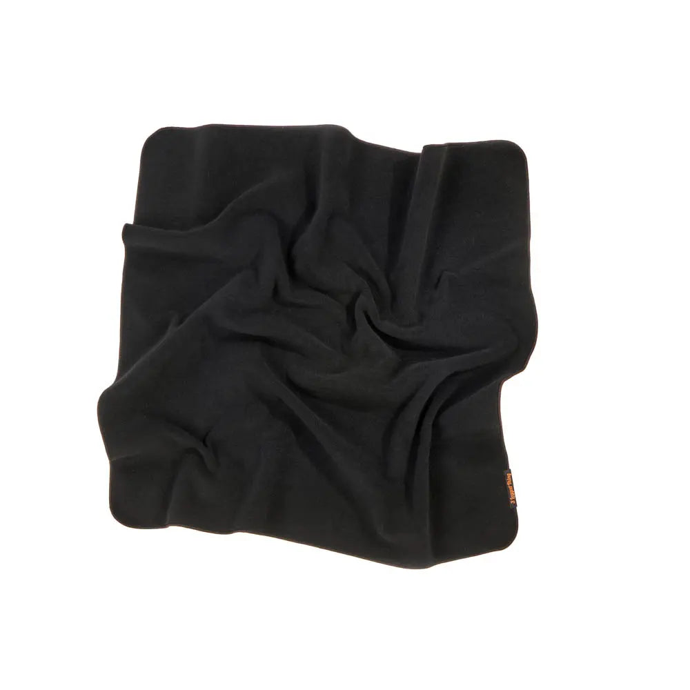 Black fabric with a brand logo on a white background