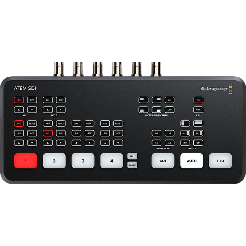 Blackmagic Design ATEM SDI Live Production Switcher hardware control panel with buttons, knobs, and SDI input ports.