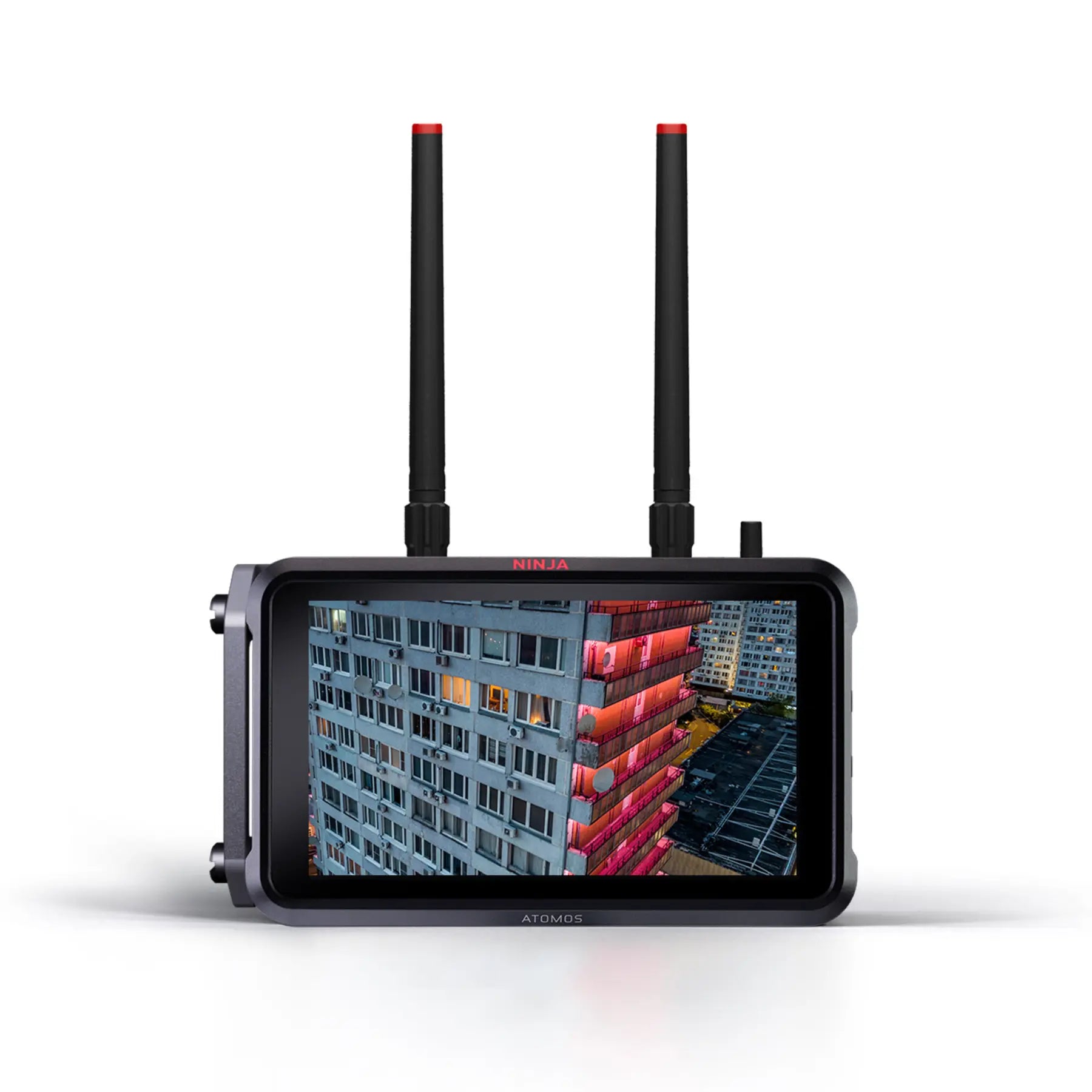 The image shows the Atomos Connect device attached to a Ninja V/V+ camera, featuring a screen displaying a camera interface and external antennas.