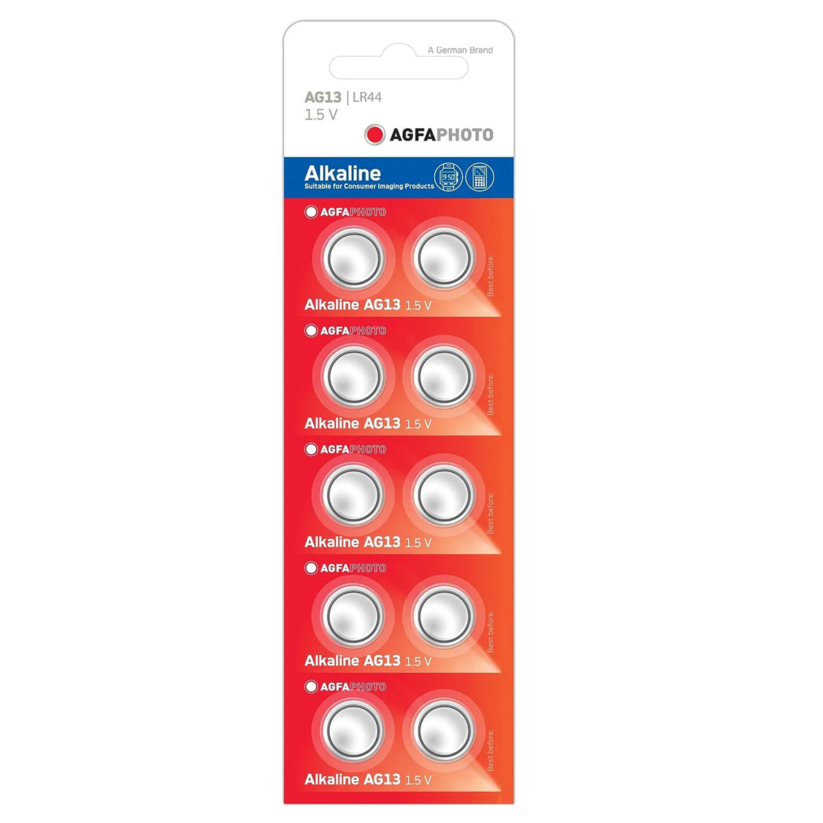 A pack of 10 AgfaPhoto Alkaline LR44 batteries displayed in a blister pack with red and blue design elements.