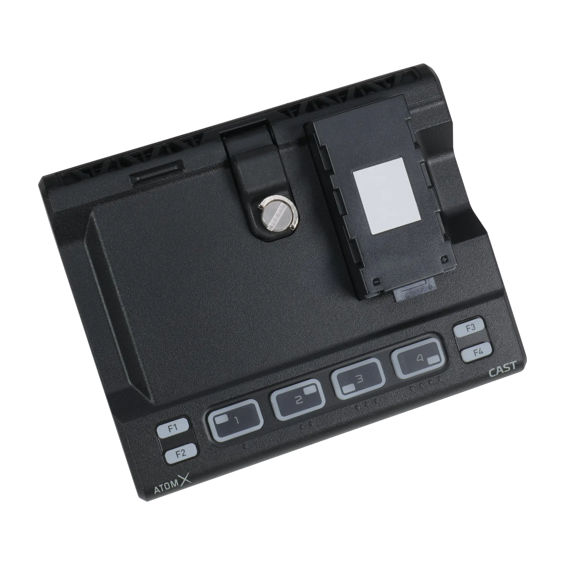 An Atomos AtomX Cast HDMI Switching Dock, primarily black in color, with multiple HDMI ports and control buttons.