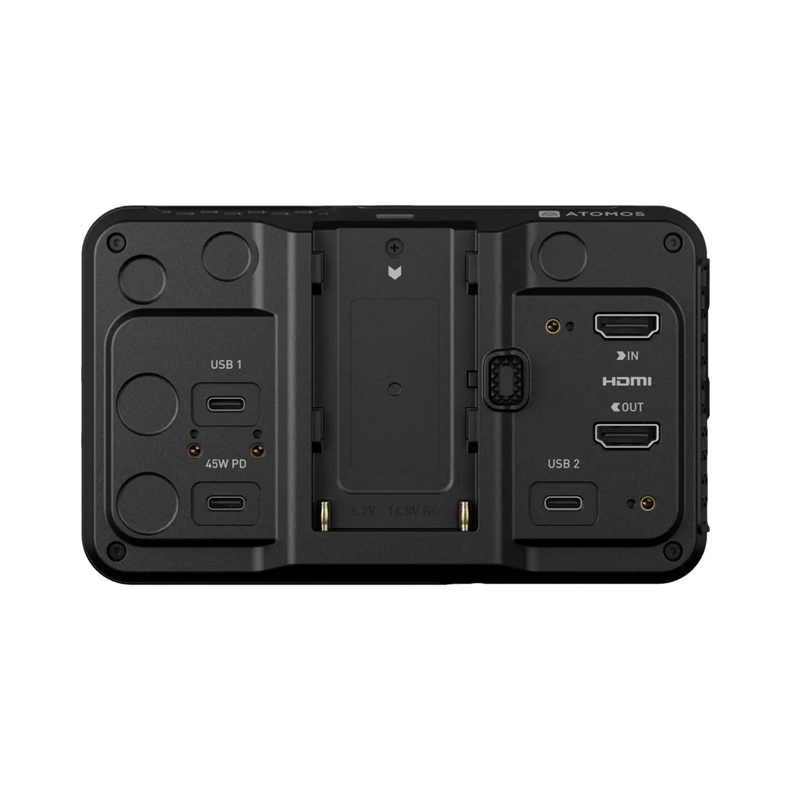 Back view of a black electronic device with connectivity ports on a white background