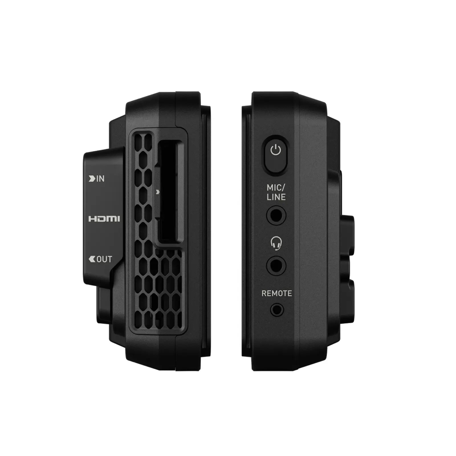 Black electronic device with various ports and labels on a white background