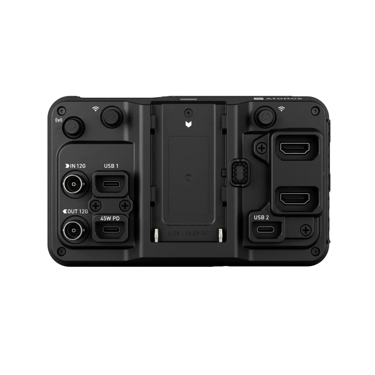 Black electronic device with multiple ports on a white background