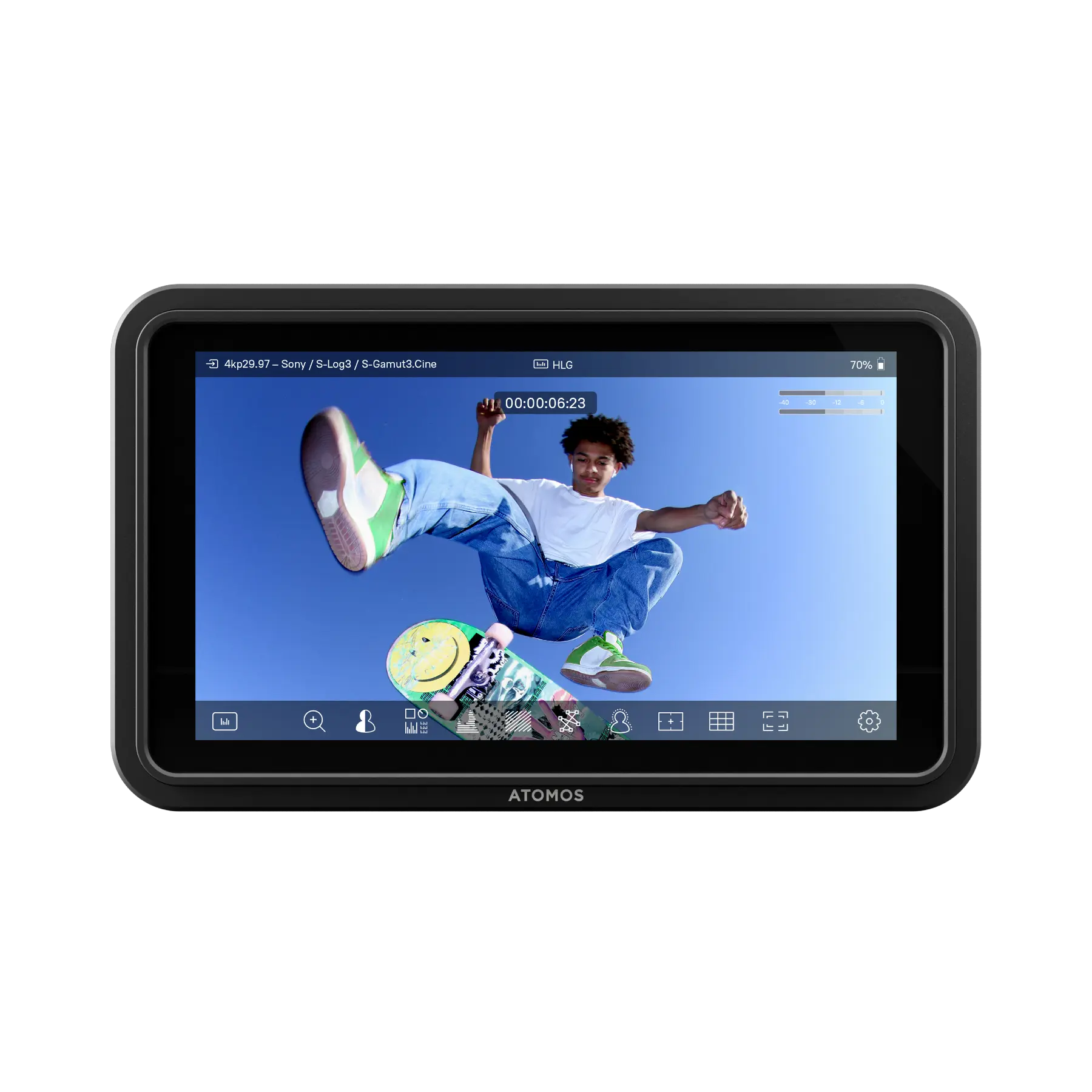 The image shows the Atomos Shinobi GO Camera Monitor, a compact 5.2-inch display with high brightness, providing professional monitoring tools like waveform, vectorscope, and 3D LUTs, designed for outdoor visibility and use by content creators.