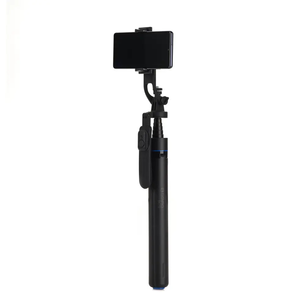 Black selfie stick with smartphone holder on a white background
