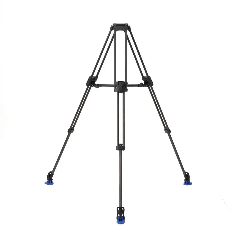 Black tripod with blue foot pads on a white background