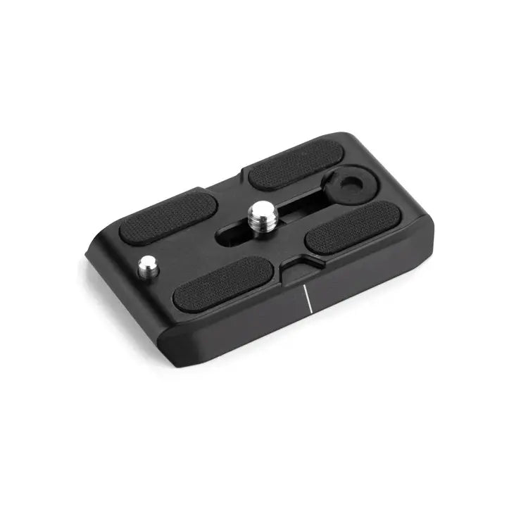 Black camera accessory plate on a white background