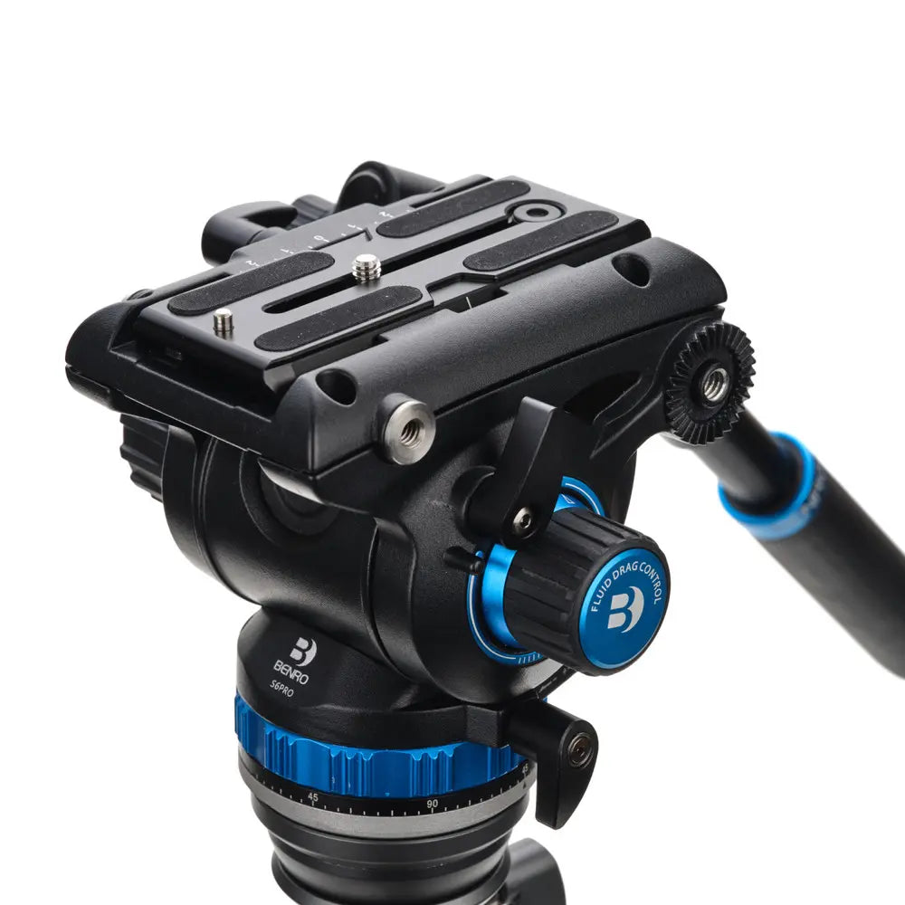 Camera tripod head with blue accents on a white background