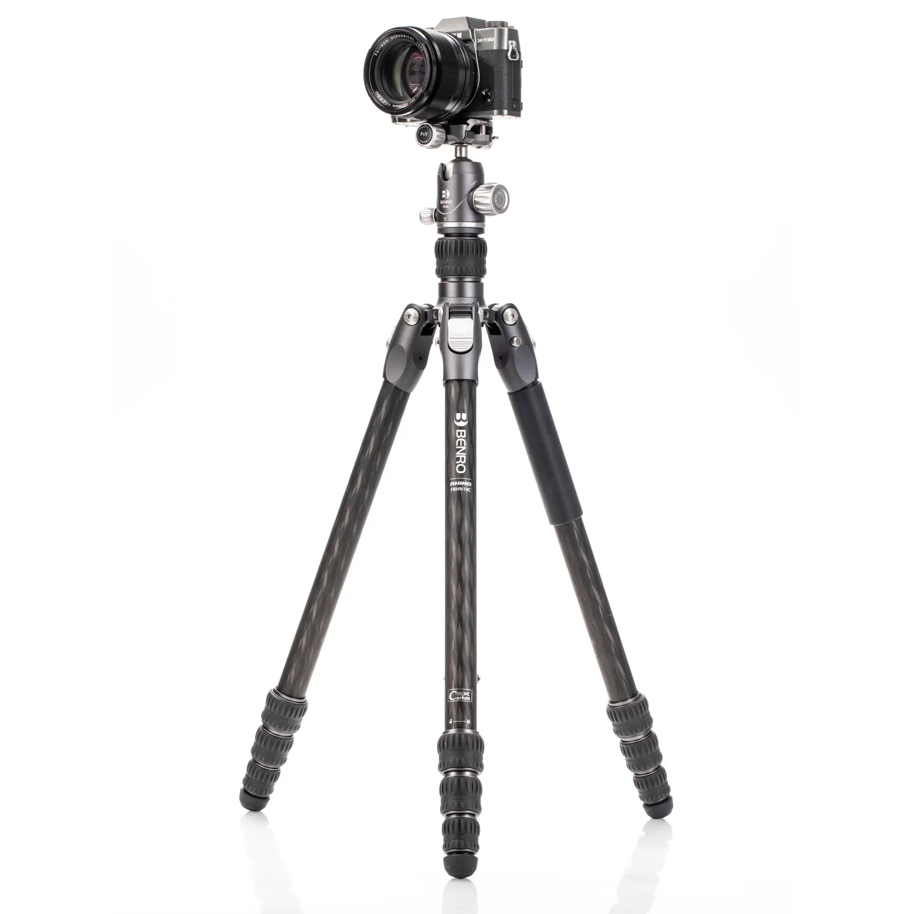A Benro Rhino carbon fiber travel tripod with VX20 head, displayed in an extended position against a white background.