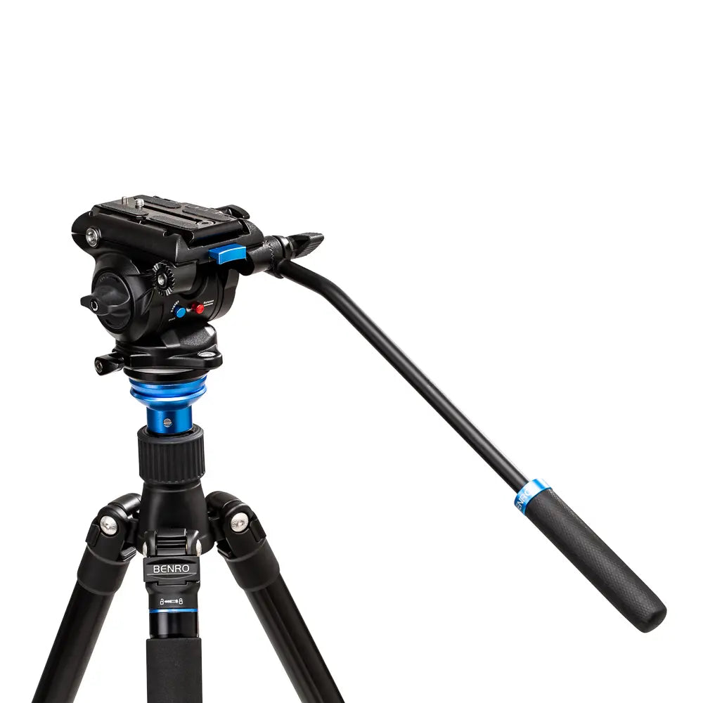 A Benro S4 PRO Flat Base Fluid Video Tripod Head with a black and blue color scheme, featuring a sliding camera plate and tripod mounting hardware.