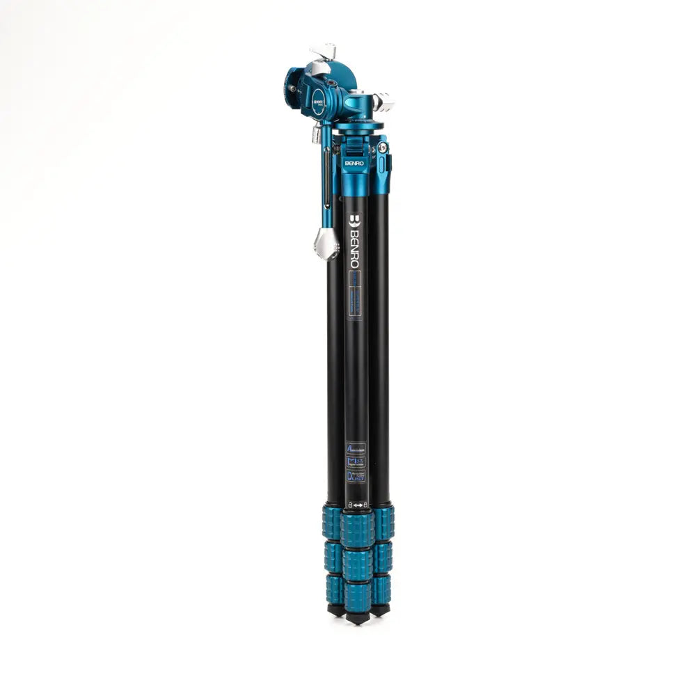 Camera tripod with blue accents on a white background