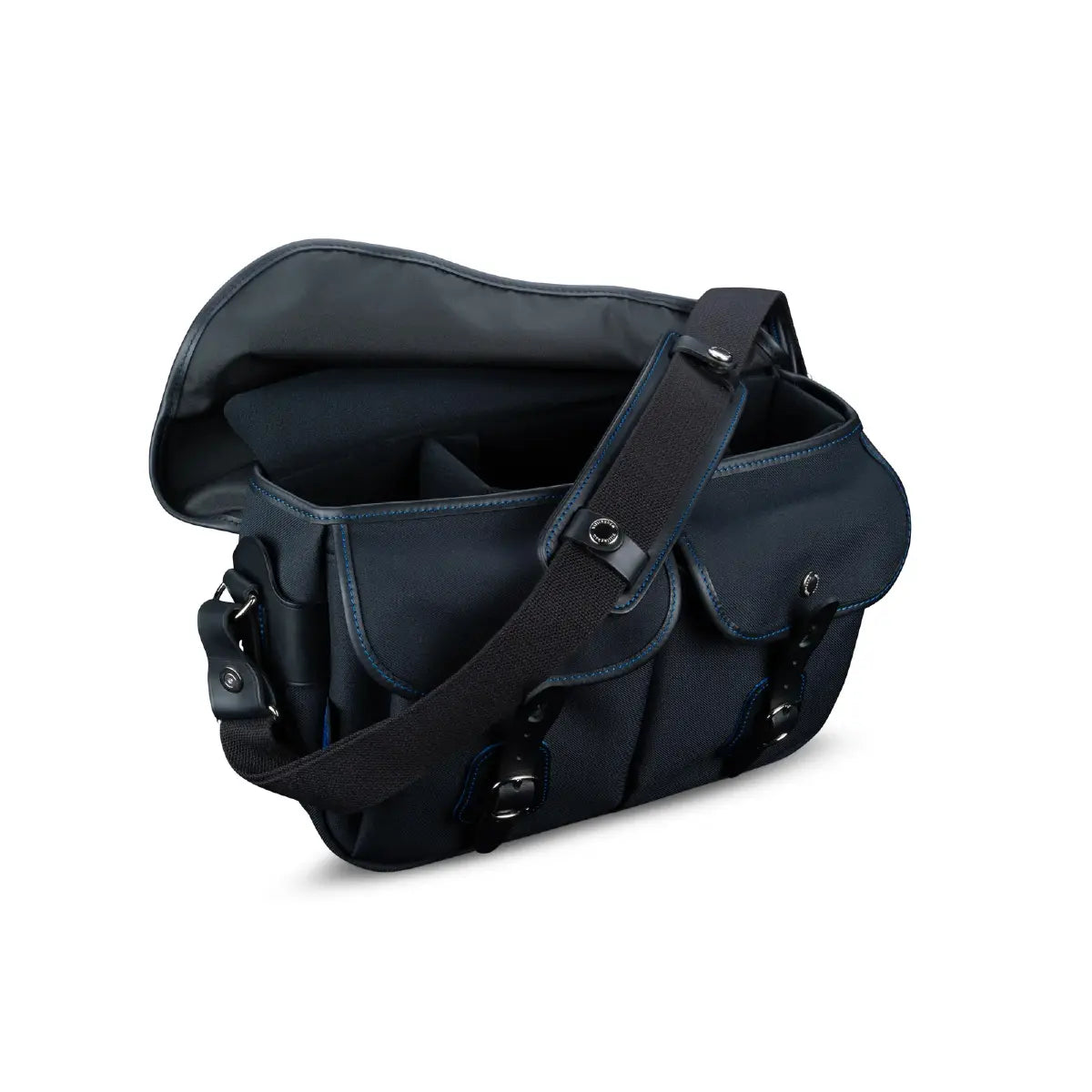 Black leather satchel bag on a white background