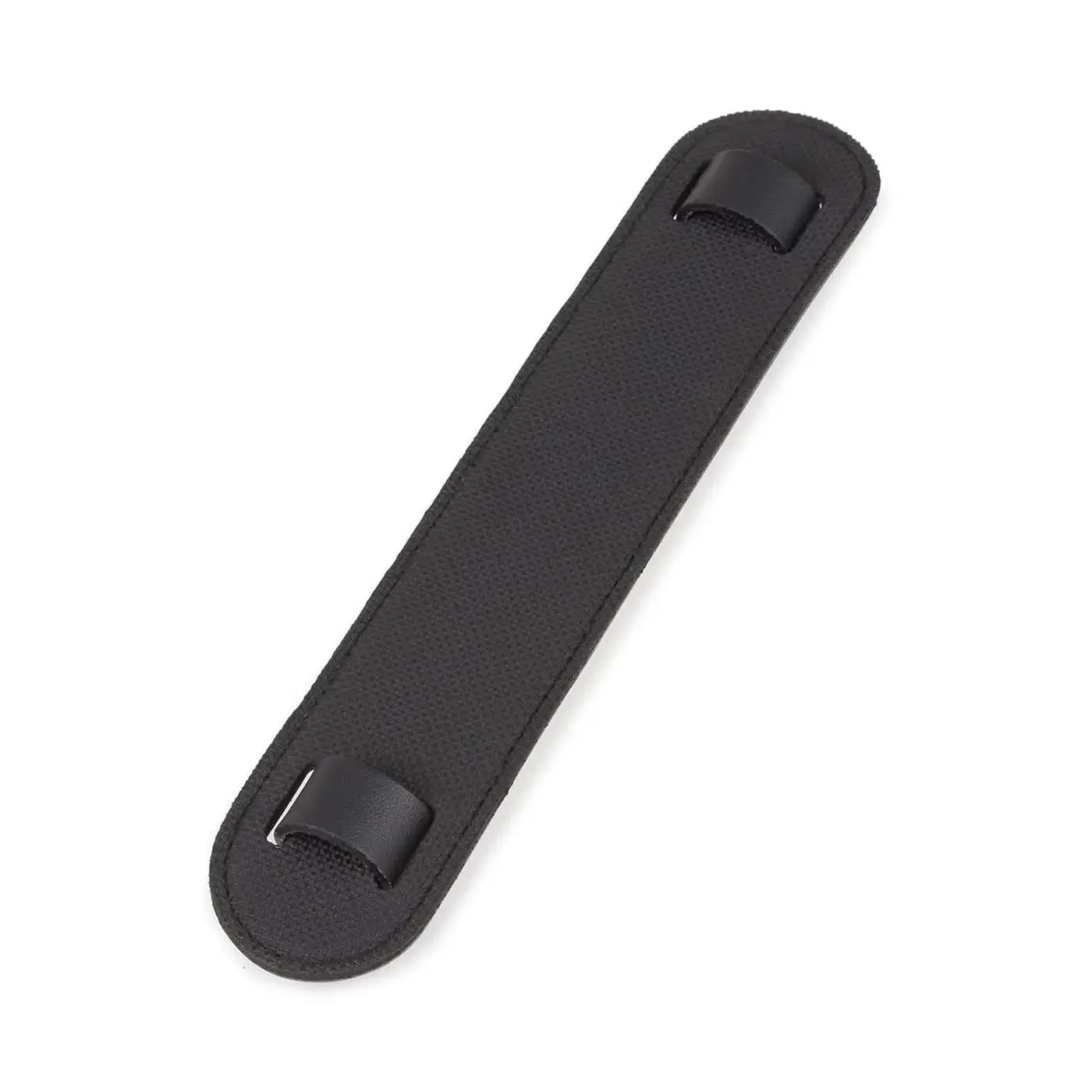 Black strap with two buckle clasps on a white background