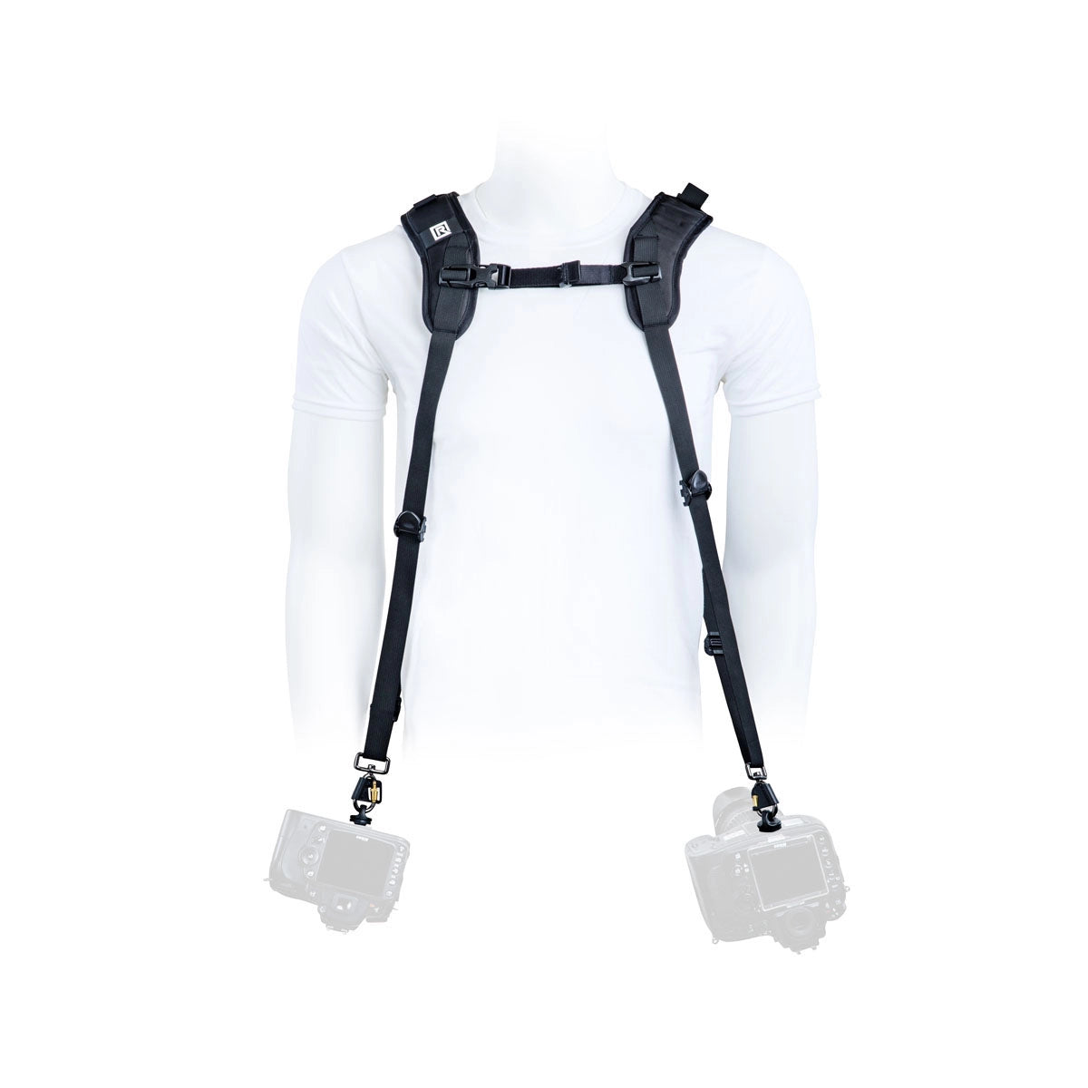 Black camera harness with two attached camera mounts on a white background