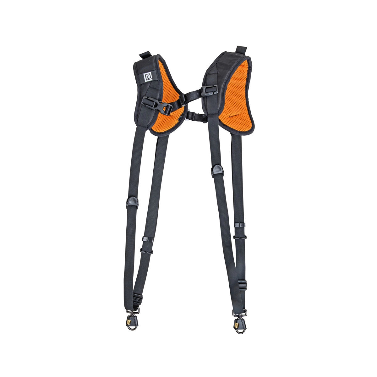 Black and orange camera harness on a white background
