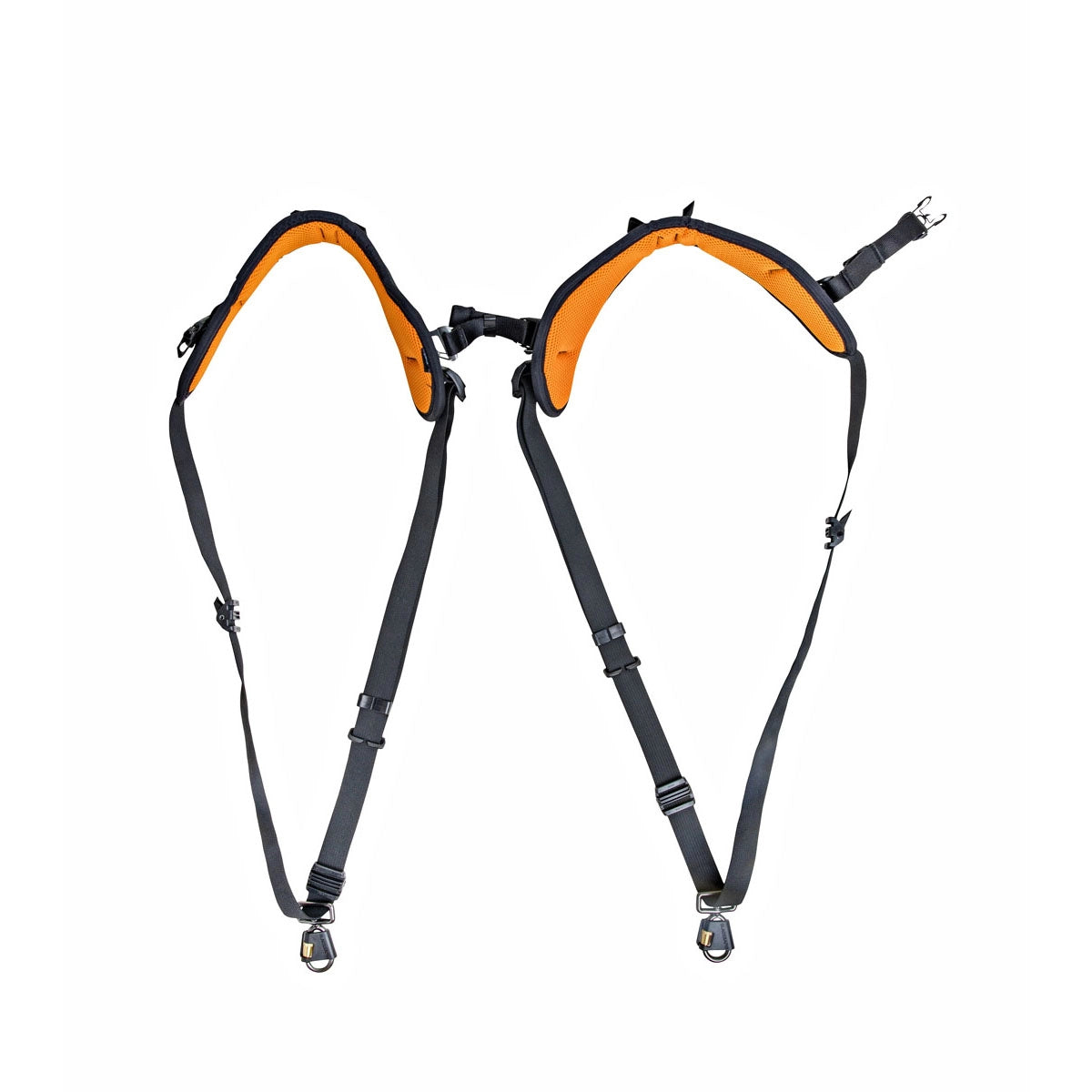 Black and orange camera harness on a white background